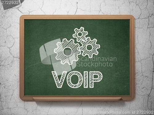 Image of Web development concept: Gears and VOIP on chalkboard background