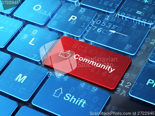 Image of Social network concept: Thumb Up and Community on computer keyboard background