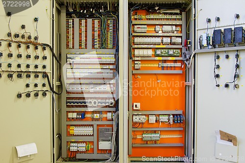 Image of Electricity distribution box with wires and circuit breakers (fuse box) 