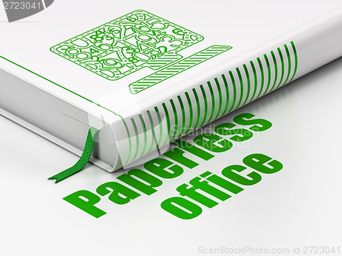 Image of Finance concept: book Computer Pc, Paperless Office on white background