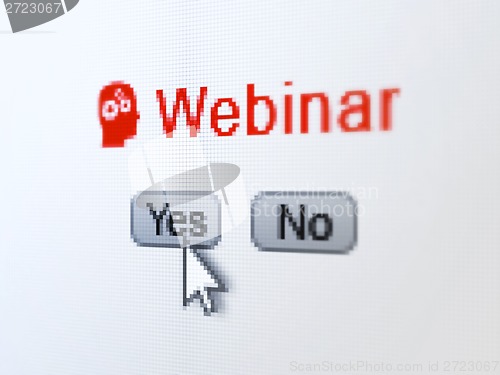 Image of Education concept: Head With Gears icon and Webinar on digital computer screen