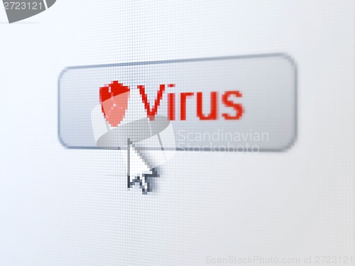 Image of Privacy concept: Virus and Broken Shield on digital button background