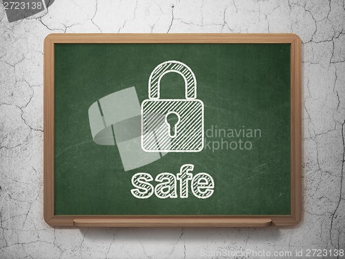 Image of Protection concept: Closed Padlock and Safe on chalkboard background
