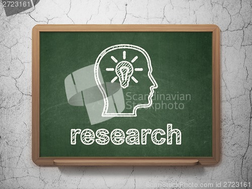 Image of Marketing concept: Head With Lightbulb and Research on chalkboard background