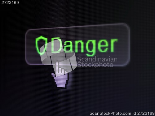 Image of Privacy concept: Danger and Contoured Shield on digital button background
