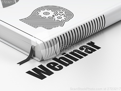 Image of Education concept: book Head With Gears, Webinar on white background