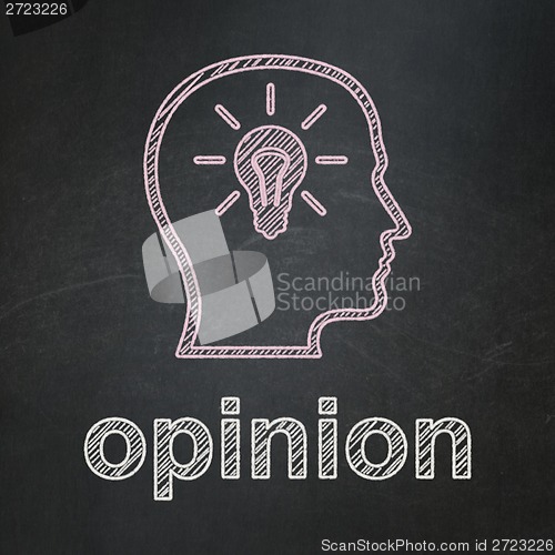 Image of Marketing concept: Head With Lightbulb and Opinion on chalkboard background