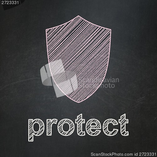 Image of Privacy concept: Shield and Protect on chalkboard background