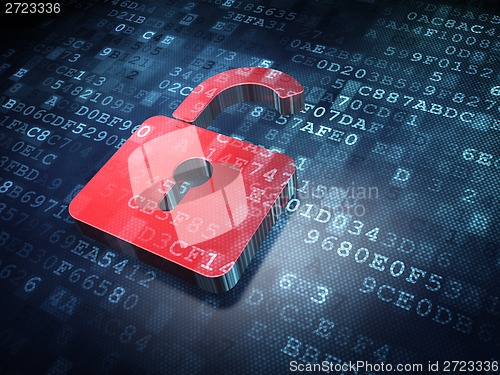 Image of Data concept: Red Opened Padlock on digital background