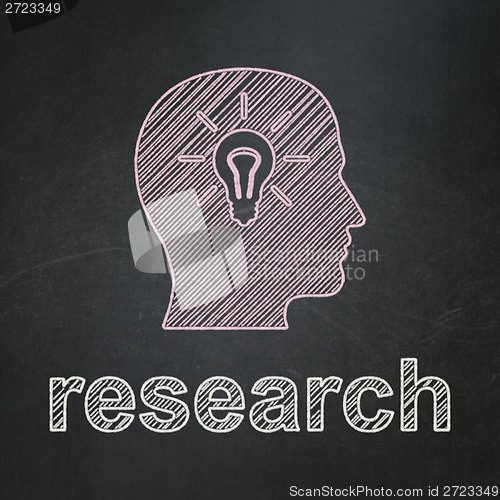 Image of Marketing concept: Head With Light Bulb and Research on chalkboard background