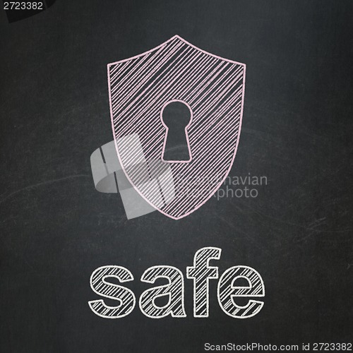 Image of Safety concept: Shield With Keyhole and Safe on chalkboard background