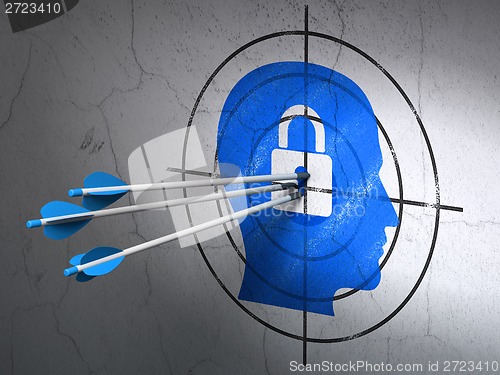 Image of Business concept: arrows in Head With Padlock target on wall background