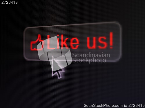 Image of Social media concept: Like us! and Thumb Up on digital button background