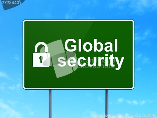 Image of Safety concept: Global Security and Closed Padlock on road sign background