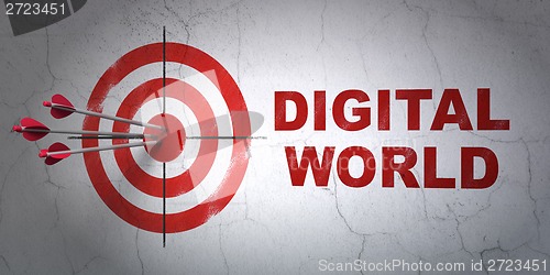 Image of Data concept: target and Digital World on wall background