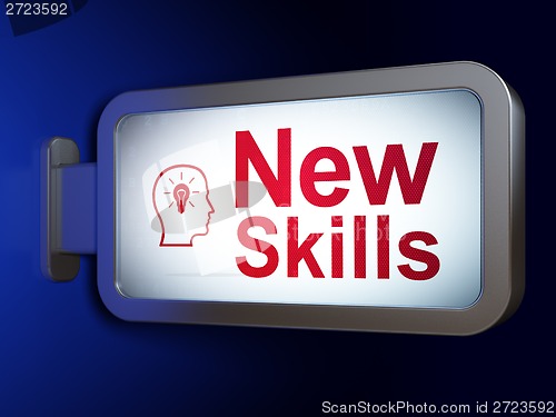 Image of Education concept: New Skills and Head With Lightbulb on billboard background