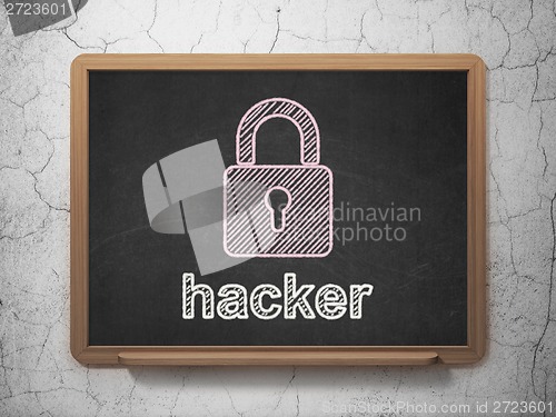 Image of Privacy concept: Closed Padlock and Hacker on chalkboard background