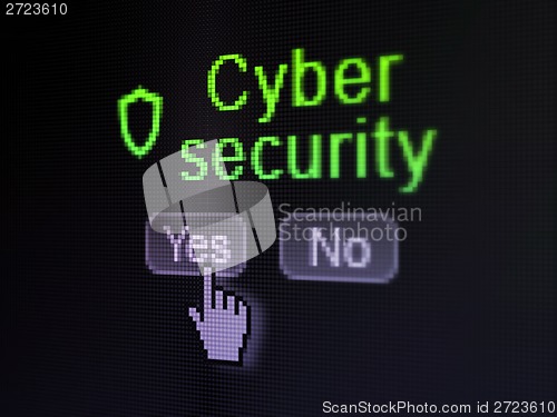 Image of Safety concept: Contoured Shield icon and Cyber Security on digital computer screen