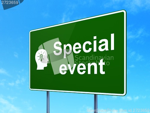 Image of Business concept: Special Event and Head With Light Bulb on road sign background