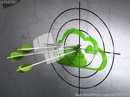 Image of Cloud computing concept: arrows in Cloud target on wall background