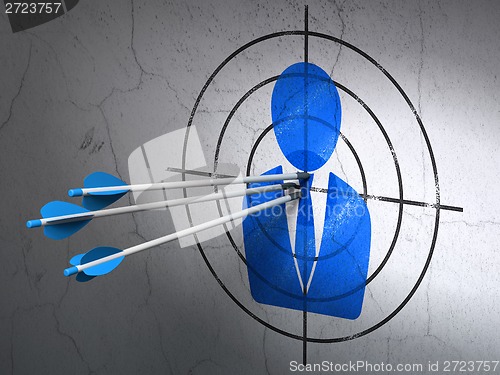 Image of Law concept: arrows in Business Man target on wall background