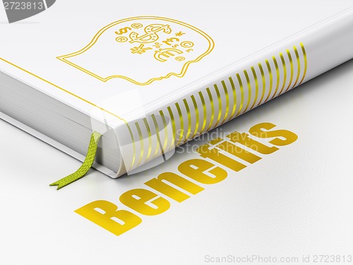 Image of Finance concept: book Head With Finance Symbol, Benefits on white background