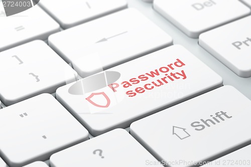 Image of Safety concept: Contoured Shield and Password Security on keyboard