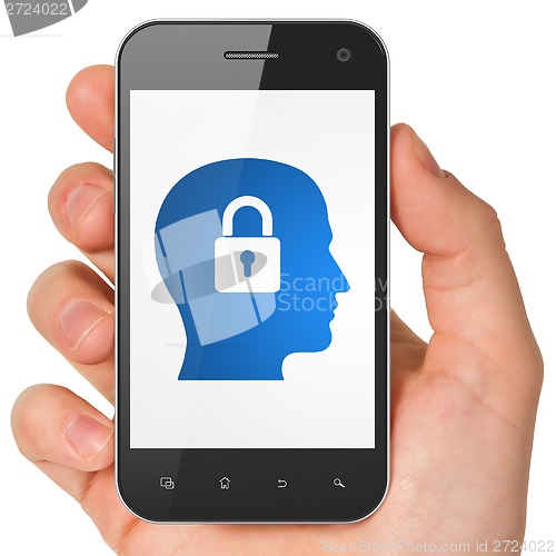 Image of Information concept: Head With Padlock on smartphone