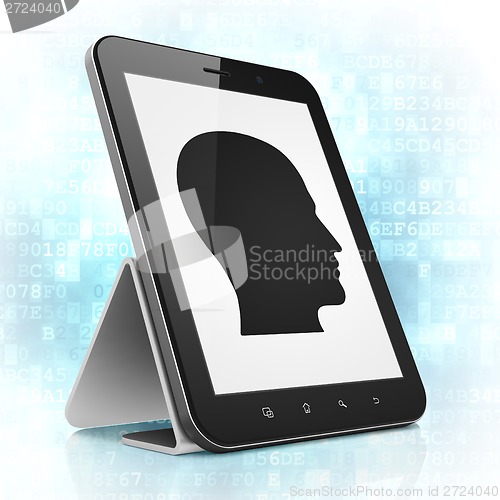 Image of Advertising concept: Head on tablet pc computer