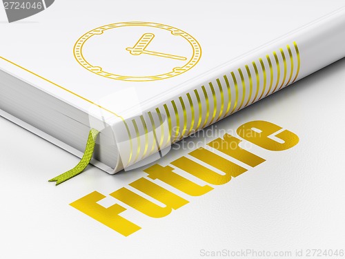 Image of Timeline concept: book Clock, Future on white background