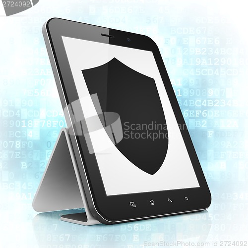 Image of Security concept: Shield on tablet pc computer