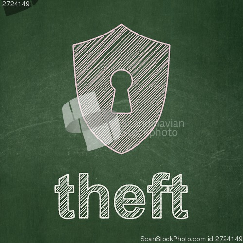 Image of Safety concept: Shield With Keyhole and Theft on chalkboard background