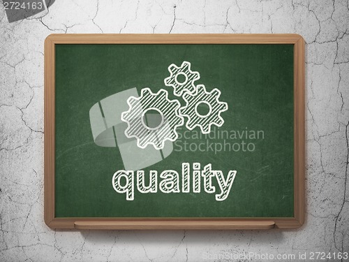 Image of Marketing concept: Gears and Quality on chalkboard background