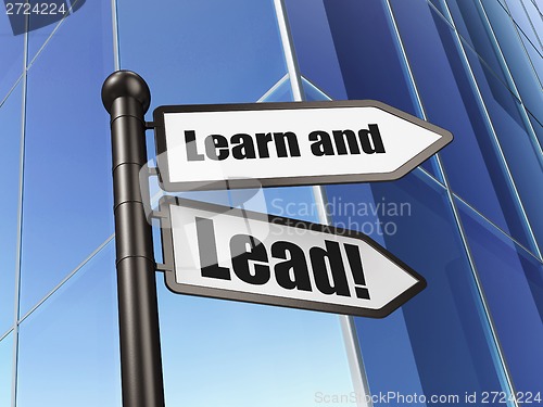 Image of Education concept: sign Learn and Lead! on Building background