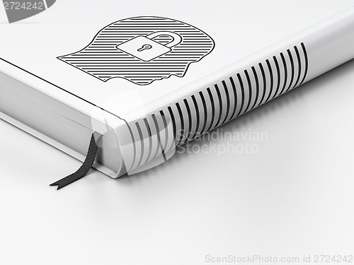 Image of Finance concept: closed book, Head With Padlock on white background