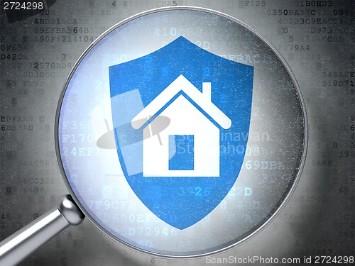 Image of Safety concept: Shield with optical glass on digital background