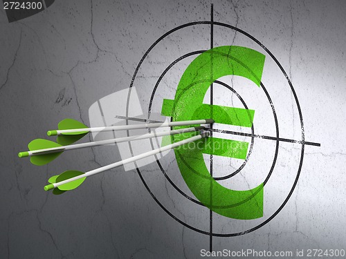 Image of Currency concept: arrows in Euro target on wall background