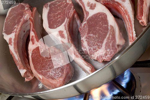 Image of rib lamb chops in frying pan cooking