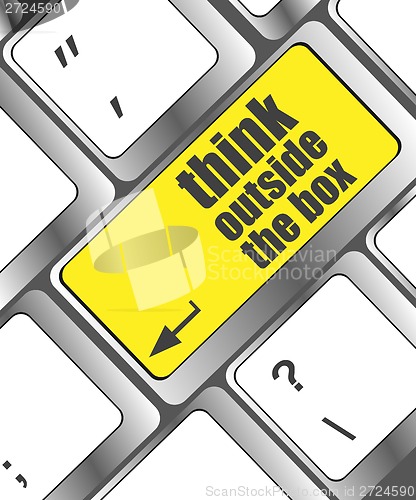 Image of think outside the box words, message on enter key of keyboard