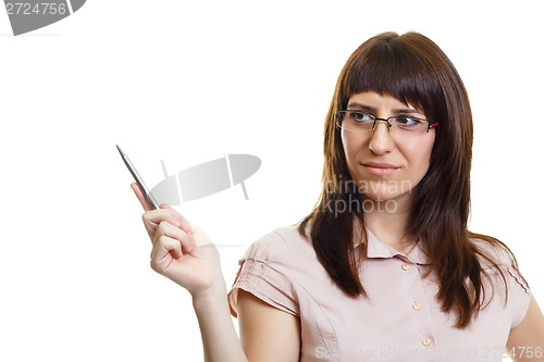 Image of young attractive girl with glasses with a pointer