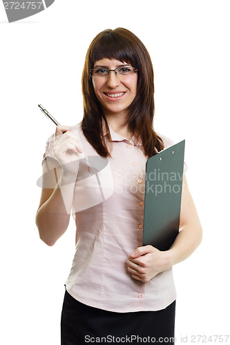 Image of young beautiful woman in glasses with a pen and documents