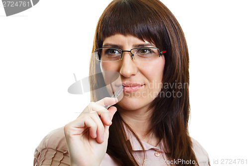 Image of Young pensive girl in glasses on a white background