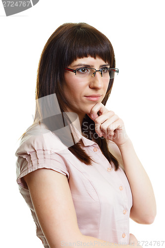 Image of Pensive young attractive girl with glasses