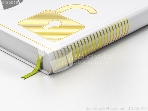 Image of Protection concept: closed book, Opened Padlock on white background