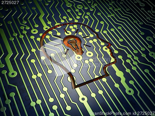 Image of Data concept: Head With Lightbulb on circuit board background