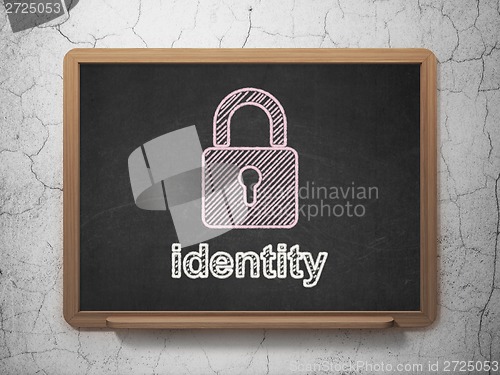 Image of Safety concept: Closed Padlock and Identity on chalkboard background