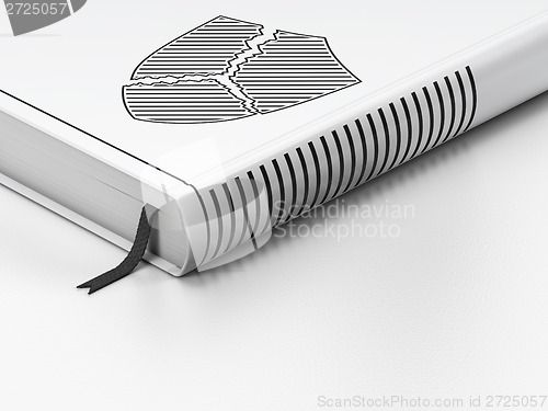 Image of Security concept: closed book, Broken Shield on white background
