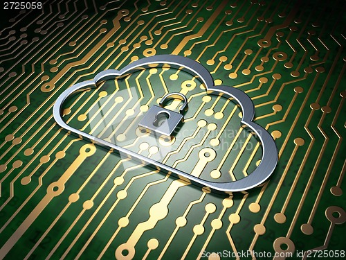 Image of Cloud computing concept: Cloud With Padlock on circuit board background