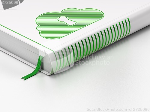 Image of Networking concept: closed book, Cloud With Keyhole on white background