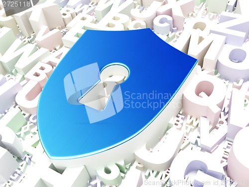 Image of Privacy concept: Shield With Keyhole on alphabet background